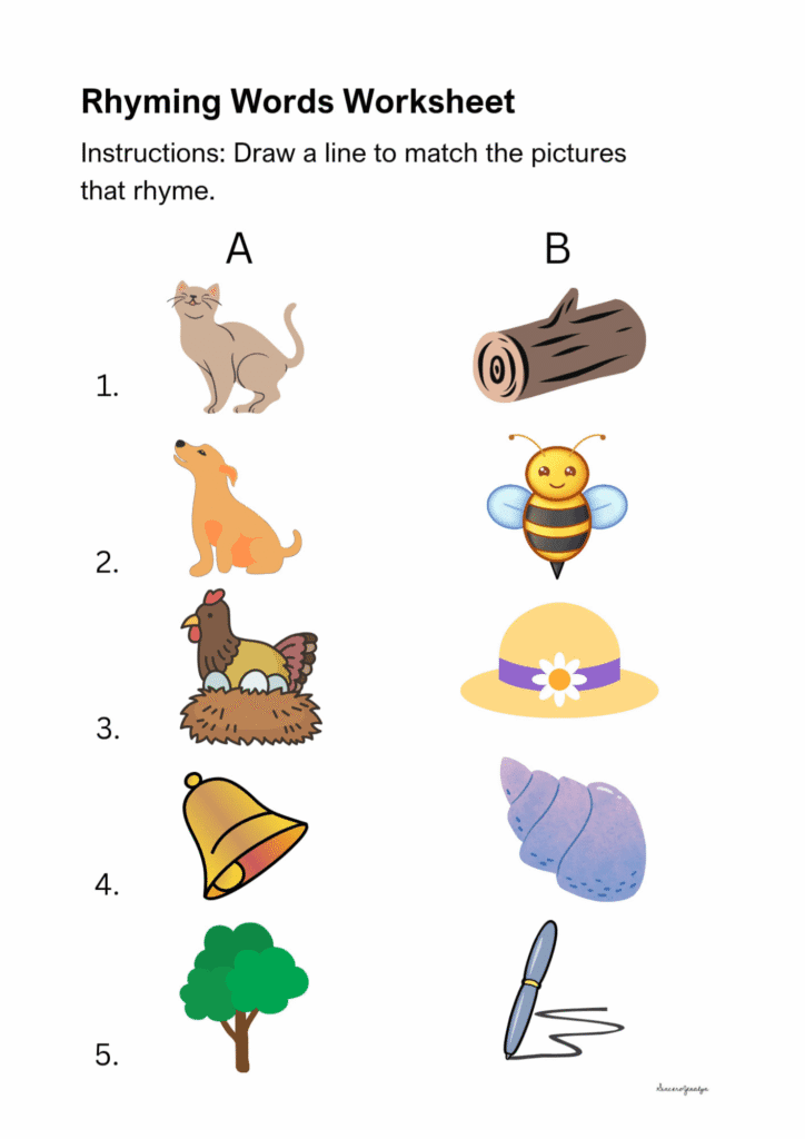 Printable matching activity for rhyming words