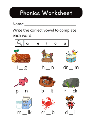 free phonics worksheet for kids practicing missing vowels