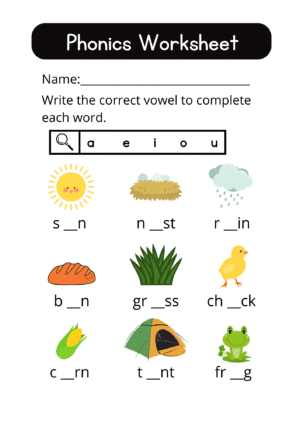 Free Phonics Worksheet for Kids – Vowel Practice PDF - Image 2