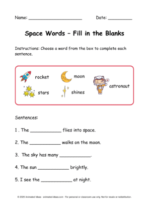 Space-themed worksheet page with astronaut and moon illustrations