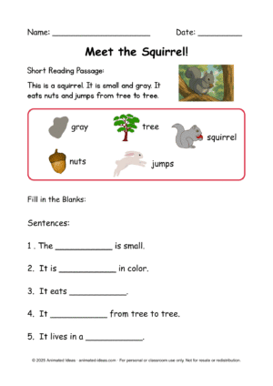 Forest animals worksheet for reading and writing practice
