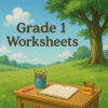 A banner showing Grade 1 printable worksheets scene with a child’s desk, school supplies, and nature background — fun activities for first graders.