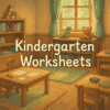 Kindergarten Worksheets banner with centered text in a cozy Ghibli-style classroom, featuring wooden shelves, toys, books, and soft natural lighting.