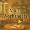 Math Worksheets banner with centered text in a cozy, kid-friendly café setting.