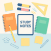 Organized desk flat-lay with colorful supplies and a tablet displaying study notes for students on a pastel background.