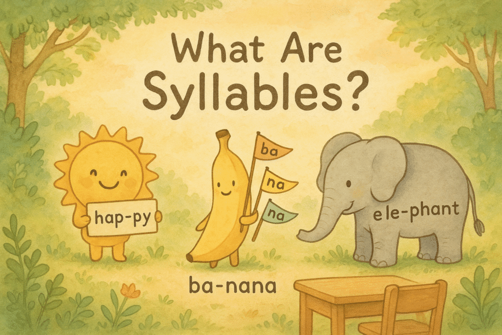 Educational illustration showing syllable breakdown of the words happy, banana, and elephant with cute cartoon characters and soft pastel background
