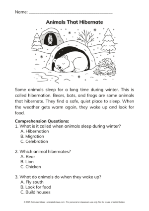 Bear sleeping in a cave with falling snow and a calendar showing winter