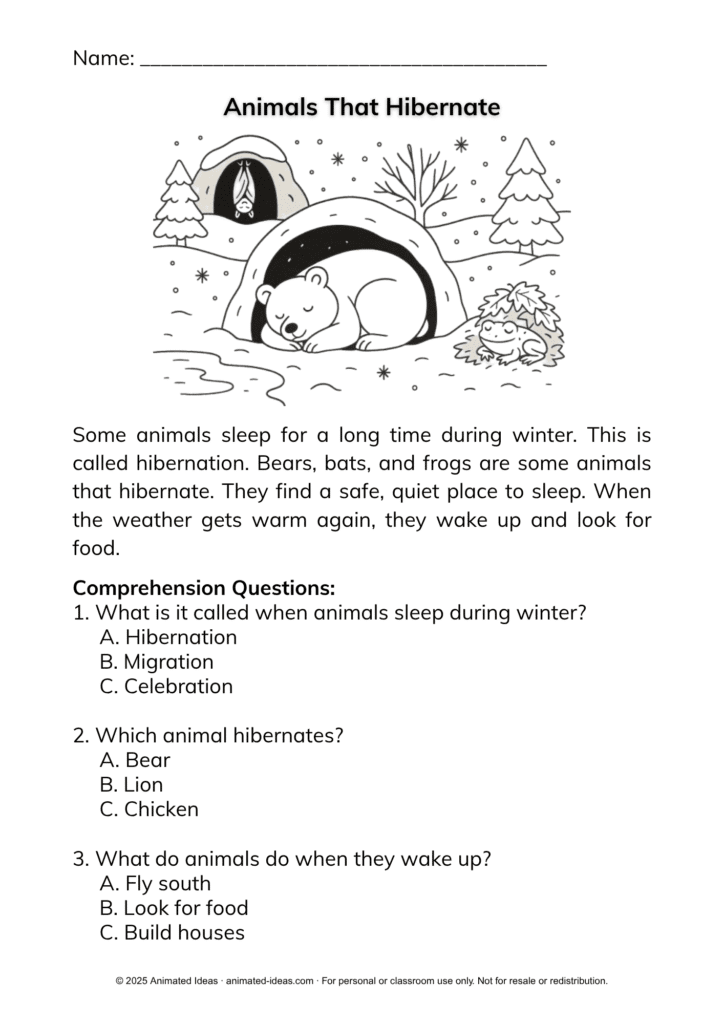 Bear sleeping in a cave with falling snow and a calendar showing winter