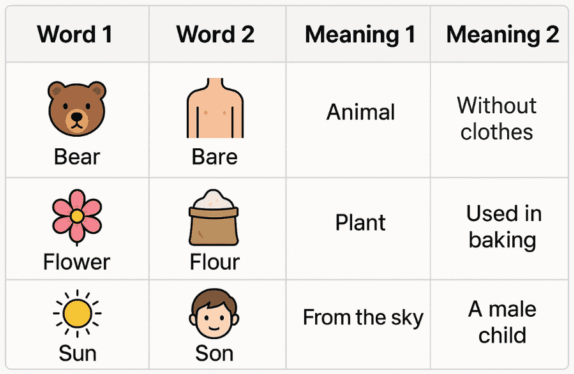 A chart showing common homophone word pairs with their meanings.