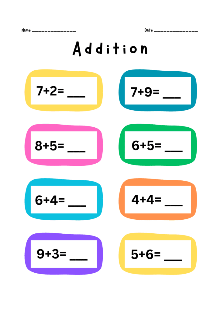 Multiple addition drills on one printable worksheet for home or classroom use.