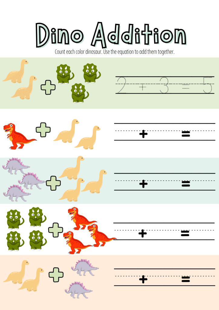 Fun themed addition worksheet with dinosaurs and autumn visuals for children.