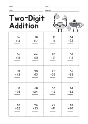 Easy addition practice worksheet with sums up to 20 – PDF format.