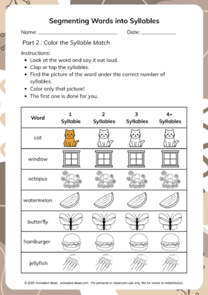 Fun and easy segmenting words into syllables worksheet for early readers