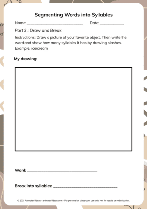 Segmenting words into syllables worksheet with 2-syllable word examples for kids