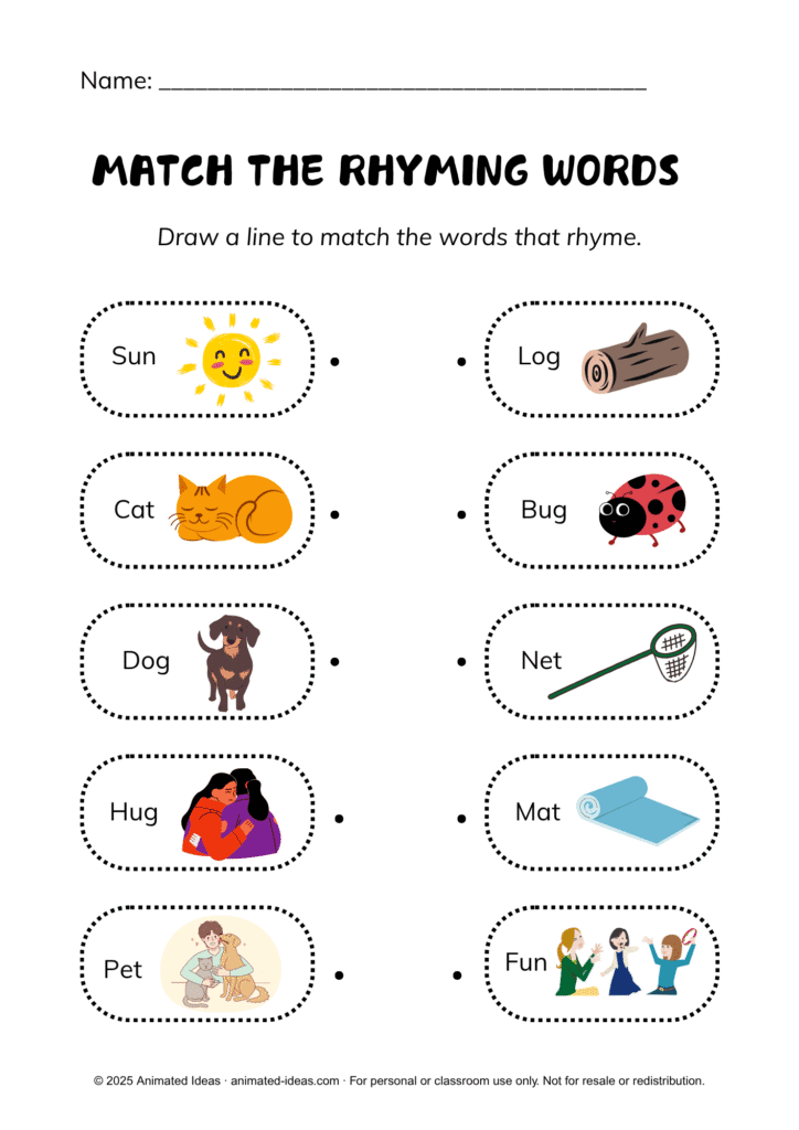 Rhyming Words Worksheet for Grade 2 matching activity with cat, hat, and mat examples