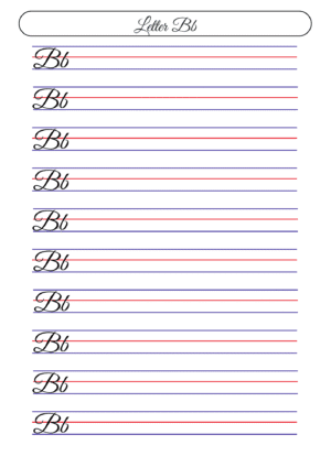 Printable cursive letter B worksheet with blue and red lines for handwriting practice
