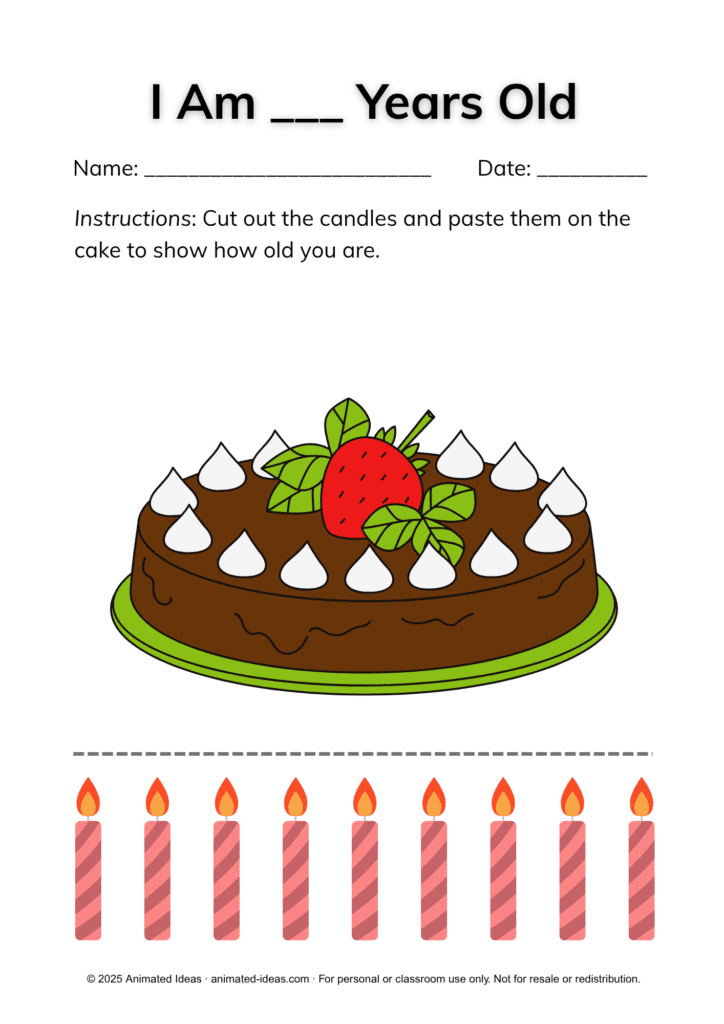 All About Me worksheet for kindergarten – age activity with birthday cake