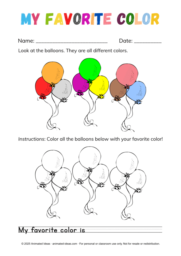All About Me kindergarten activity – favorite color worksheet