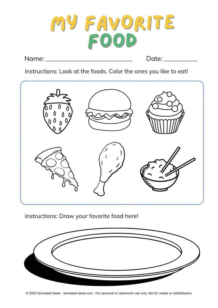 All About Me worksheet for kids – favorite food coloring activity