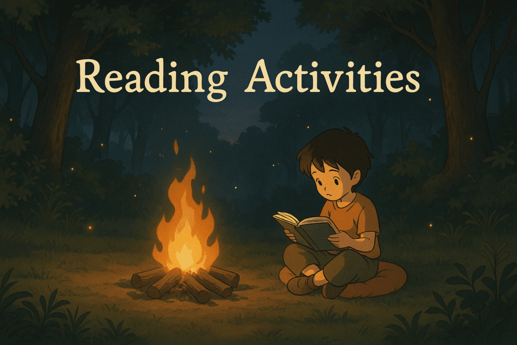 Reading Activities banner with centered text near a campfire in a peaceful forest setting.