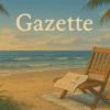 Gazette banner with centered text in a calm beach or lakeside setting with an open newsletter