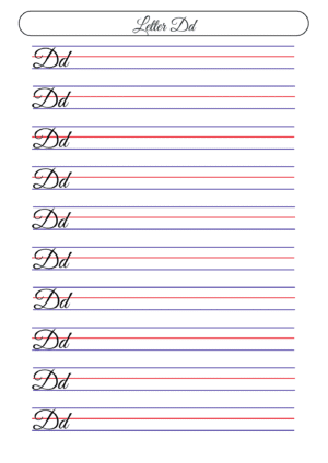 Cursive handwriting worksheet – practice letter D with red and blue guidelines