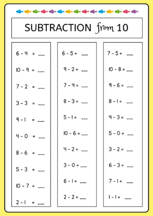 simple subtraction practice sheet for kids, free to download