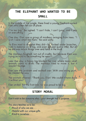 Printable comprehension worksheet based on a story about self-acceptance