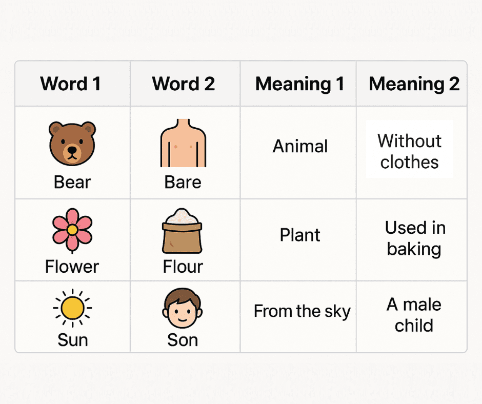 Common Homophones Chart