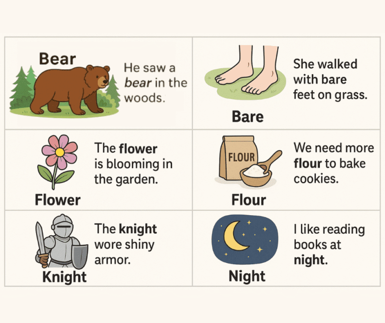 Some examples of homophones and their meanings.
