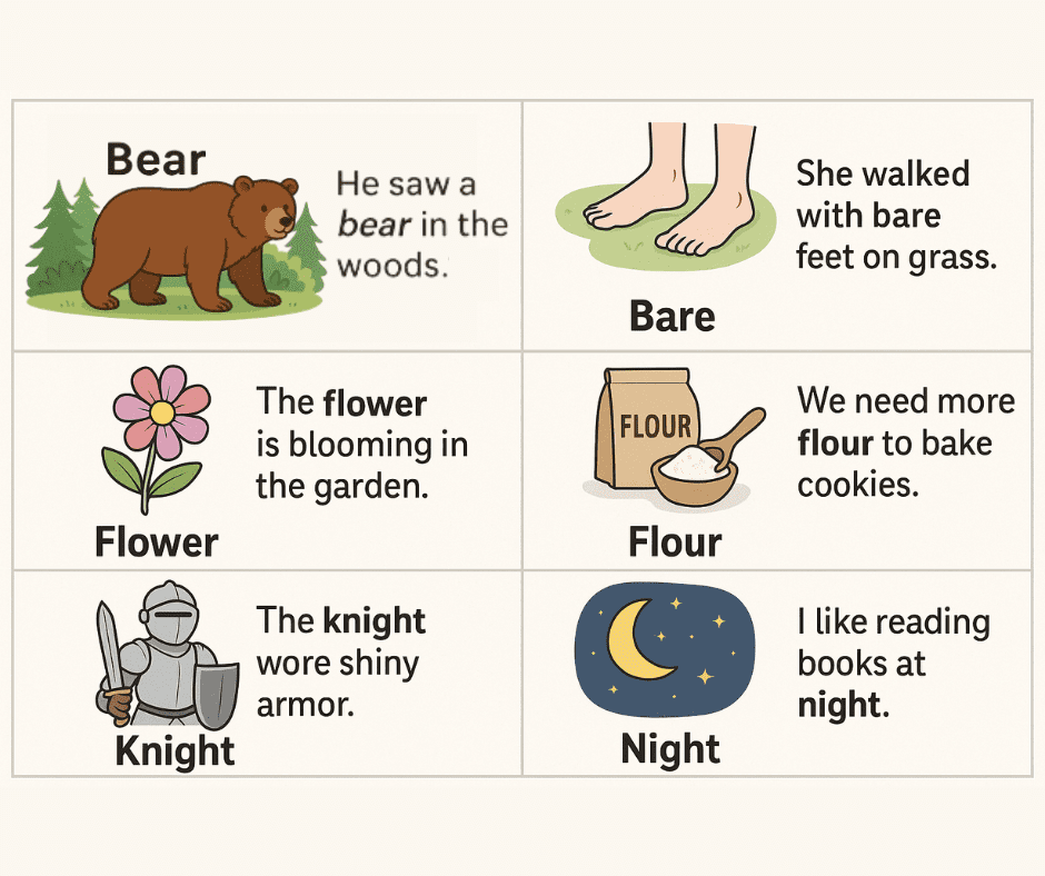 Some examples of homophones and their meanings.
