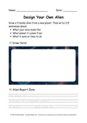 Build your own alien drawing activity with space background and creative prompt