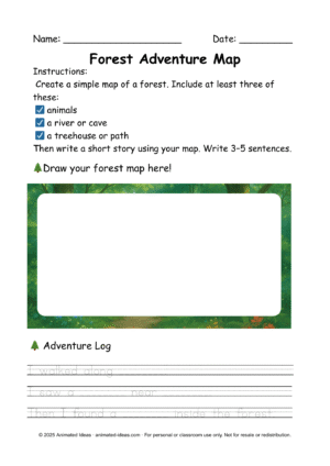 Forest adventure map worksheet with trails, trees, and animal icons