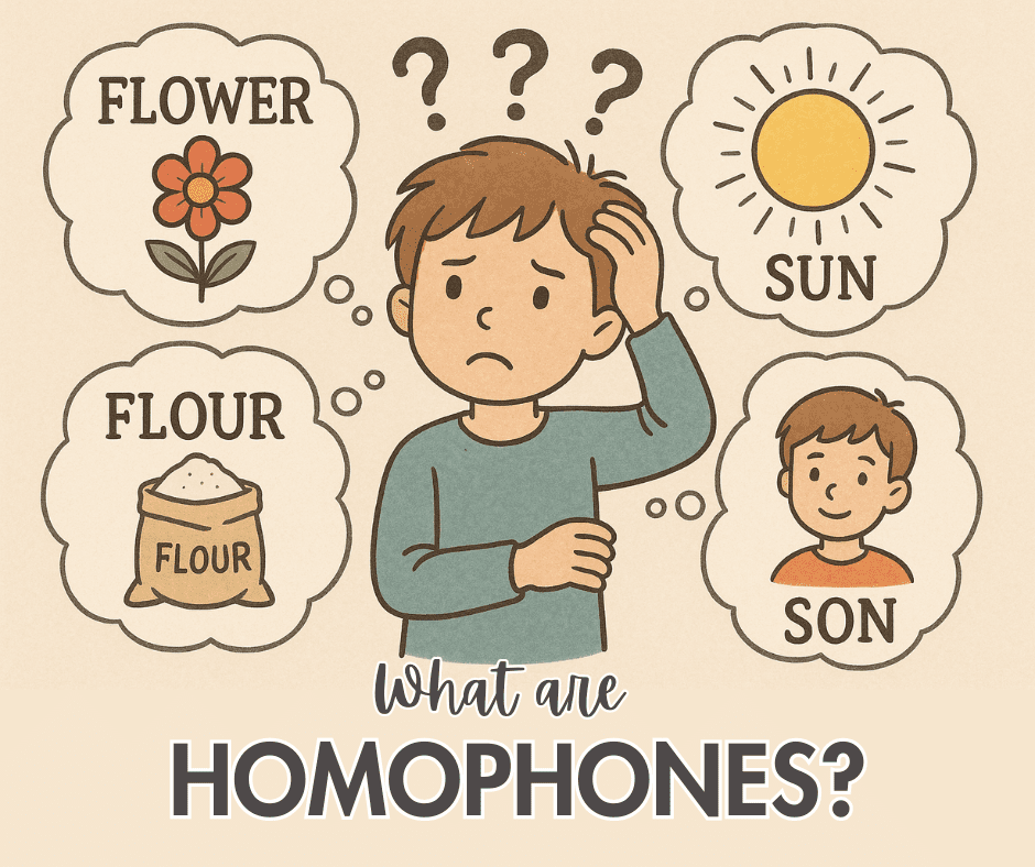 Colorful illustration showing examples of homophones for kids, such as 'flower' and 'flour', with playful cartoon images and simple labels.