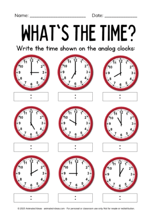 Printable telling time worksheet with analog clocks