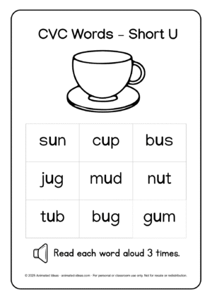 Short Vowel CVC Words – Printable Reading Materials for Kids