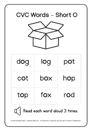 Short Vowel CVC Words – O Printable Reading Material