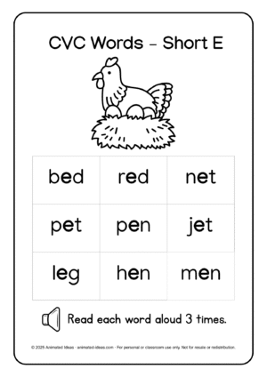 Short Vowel CVC Words – E Printable Reading Material