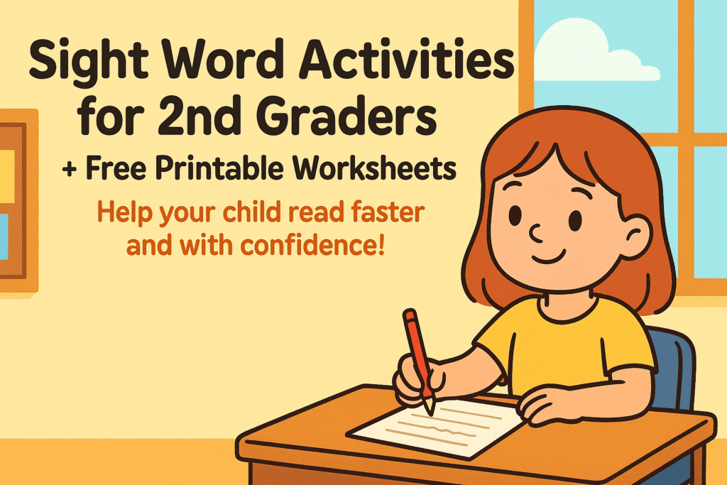 Sight Word Activities for 2nd Graders + Free Printable Worksheets banner with playful cartoon design and subtitle.