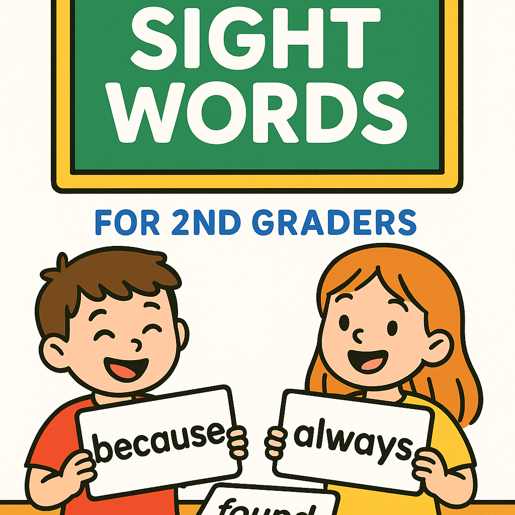 Cartoon children holding flashcards with sight words for 2nd graders, with a chalkboard showing the words “Sight Words.”
