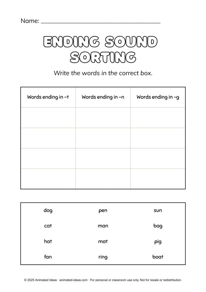 Ending sounds activity worksheet where kids find and circle words that rhyme and share the same ending sound.