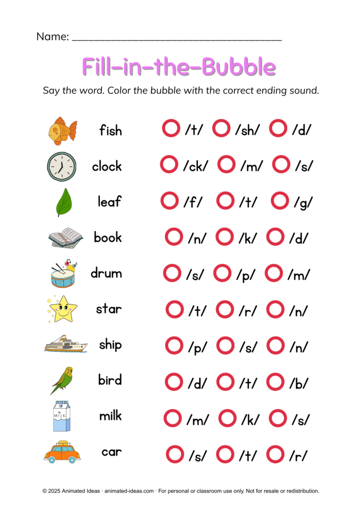 Printable ending sounds worksheet for kids showing pictures with multiple-choice letters to match the correct ending sound