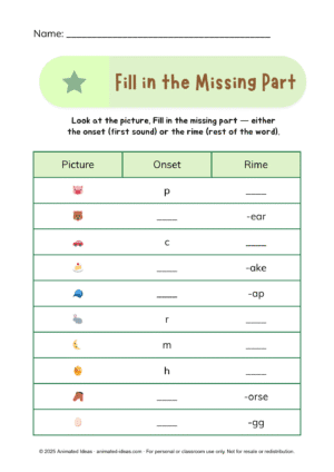 Onset and Rime Worksheets for Grade 2 — Fill in the missing onset or rime from pictures.