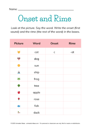 Onset and Rime Worksheets for Grade 2 — Identify onset and rime from words and pictures.