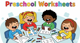 Happy preschool children working on preschool worksheets with colorful letters, numbers, and shapes in a cartoon-style design