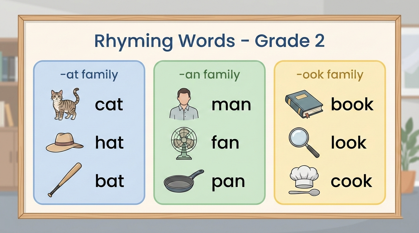 Rhyming worksheets for 2nd grade showing word families with matching ending sounds