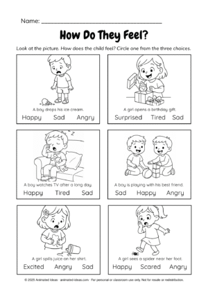 Kindergarten worksheet where children look at a child's face and choose one emotion out of three by circling the correct feeling.