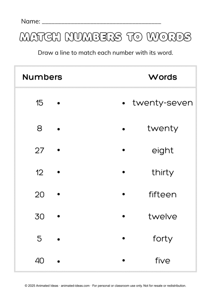Math Worksheets for Kids – Match Numbers to Words activity