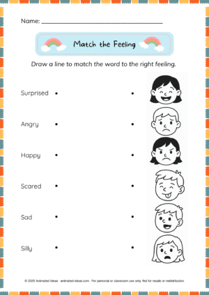 Worksheet showing four facial expressions labeled happy, sad, angry, and scared; children draw lines to match each word to the correct face