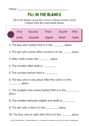 Fill in the blanks worksheet – ordinal numbers worksheets for first grade